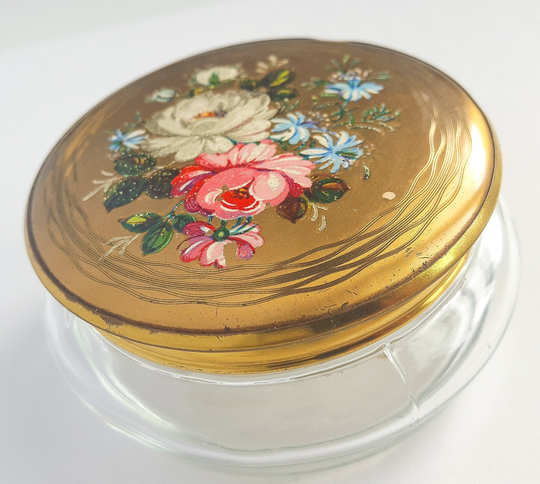 Vintage Gwenda Glass Dressing Table Powder Pot, With Hand Painted Floral Decoration , Unique Gift