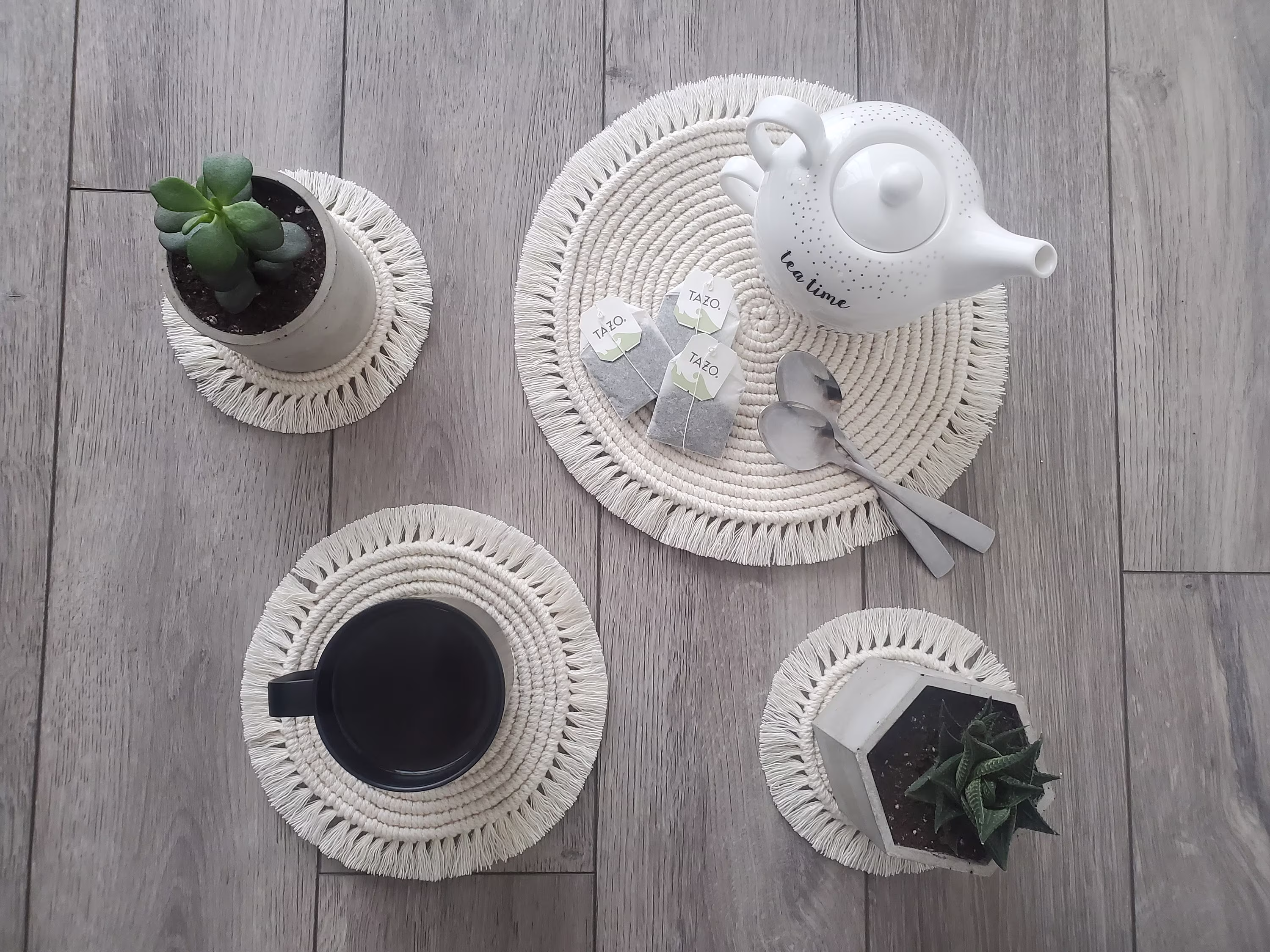 Macrame Coasters Set/Placemat Plant Mat Round Coaster Coffee Table Decor Boho Fringe Home