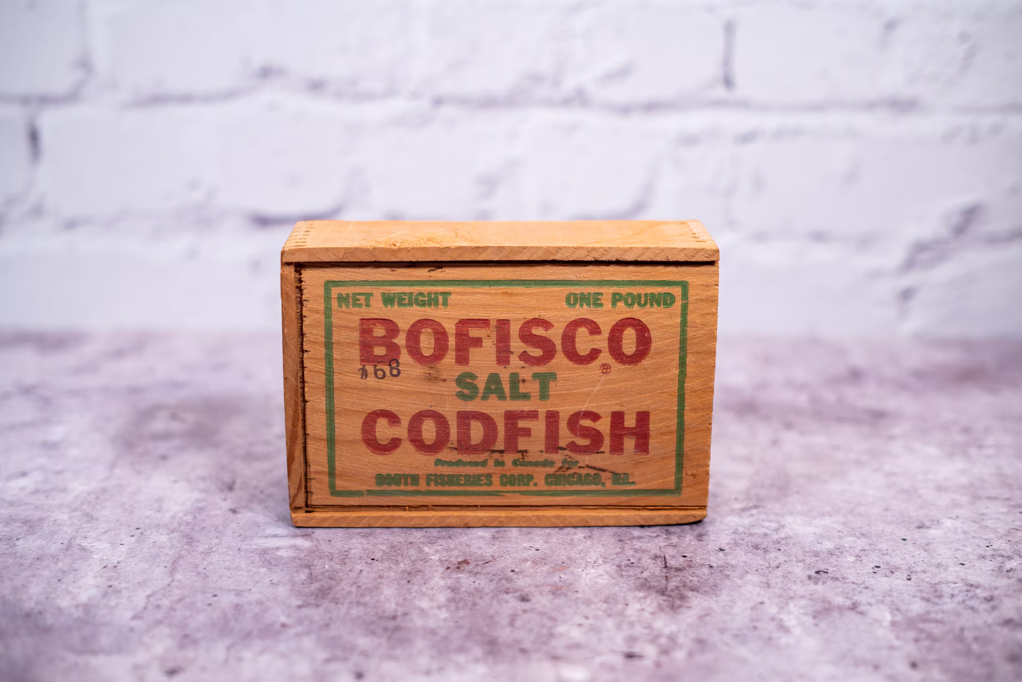 Vintage Bofisco Salt Codfish Wooden Cod Box Advertising Rustic Cabin Kitchen Fishing Fisherman Chicago Illinois Booth Fisheries Corp