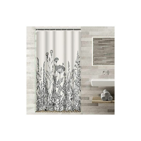 Qersta - 90*180cm Camper Stall Shower Curtain Floral Border Herbs And Wildflowers Botanical Vintage Engraving Black Waterproof Polyester Fabric Set