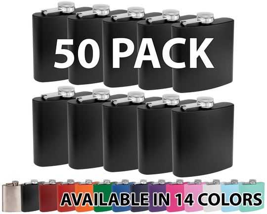 50 Pack - Blank 6Oz Powder Coated Stainless Steel Pink Hip Flask Bulk Laser Engravable White Gift Box Wedding Party Groomsman