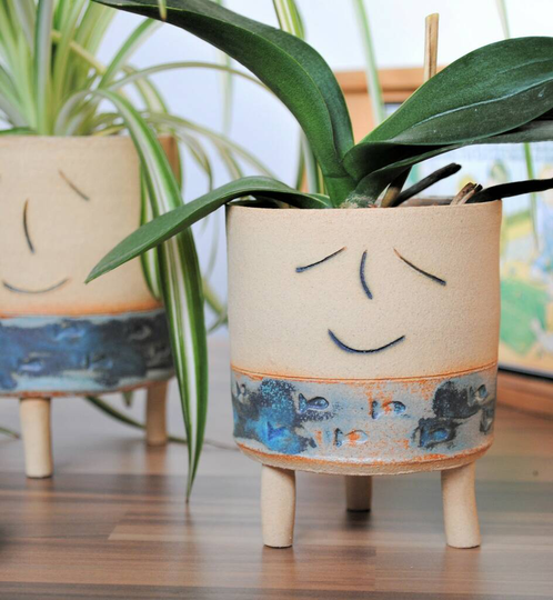 Smiley Ceramic Face Plant Pot With Fish Personalised