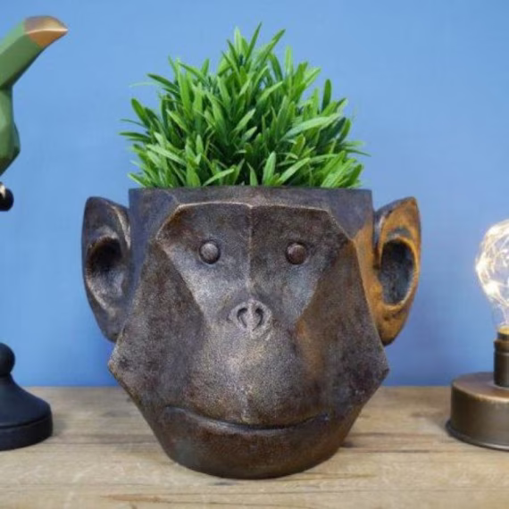 Antique Bronze Finish Monkey Head Planter/ Plant Pot, Artifical Or Real Flowers, Plants, Cacti, Lady. Home Interior Décor