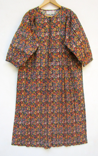 Autumn Season Like Printed Cotton Long Elizabeth Maxi Dress - Henley Neckline With Ties 3/4Th Sleeve Buttons