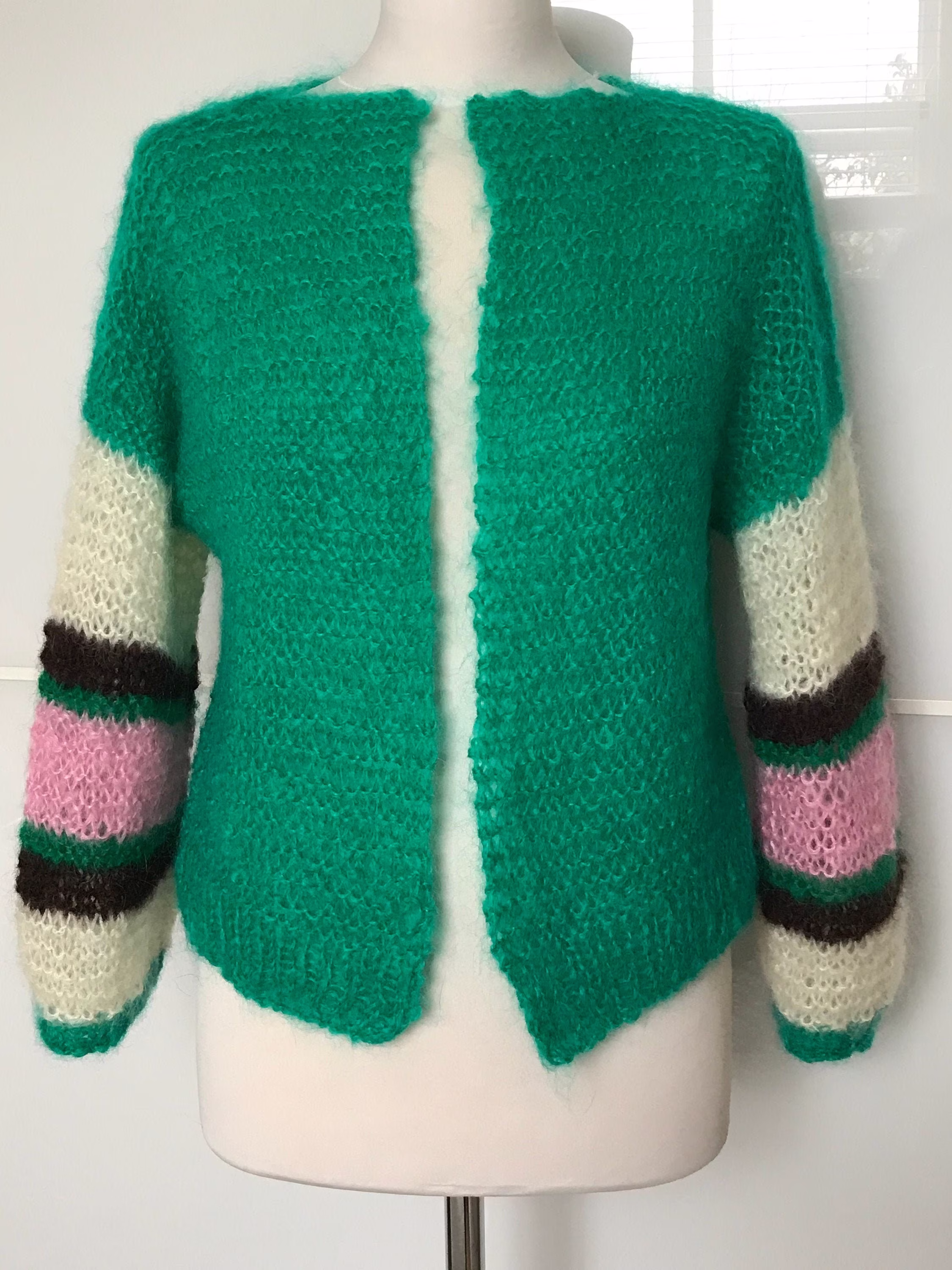 Emerald Green Mohair Short Cardigan, Hand Knitted Jade Sweater With Striped Sleeves, All Seasons Size S/M, Christmas Gift Idea