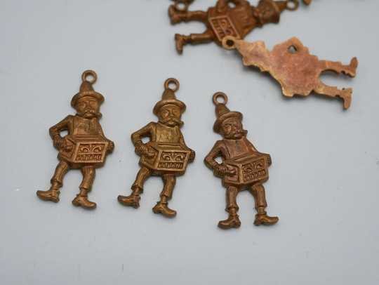 Vintage Brass Stamping Charm Organ Grinder European Music Man | 6 Pcs W54