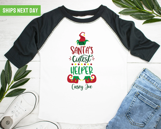 Santa's Cutest Helper Toddler Tee - Cute Seasonal Kids Clothes Personalized Elf Christmas T Shirt Holiday Gift Boy, Girl