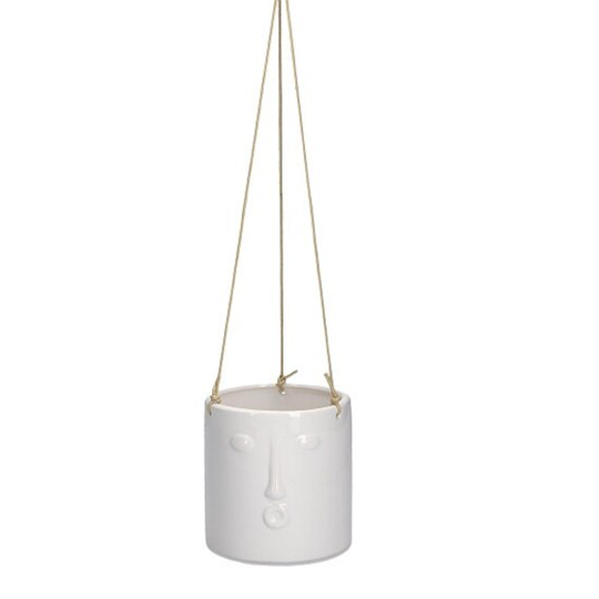 White Ceramic Hanging Flower Pot With Face Imprint & Rope