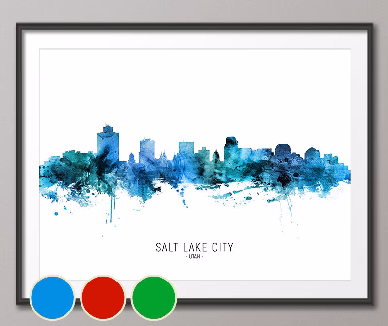 Salt Lake City Skyline Utah, Cityscape Art Poster Print Blue Red Green | 20606