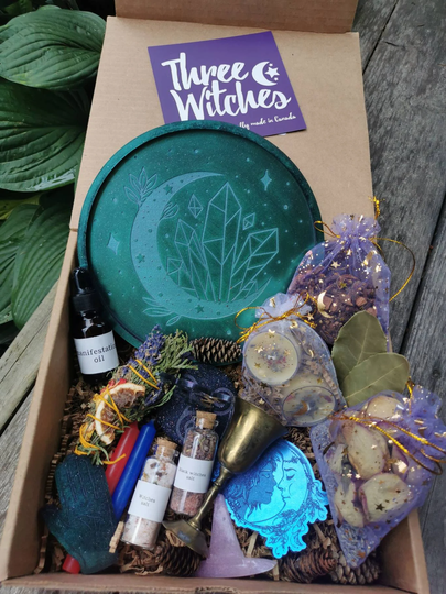 Witch Ritual Kit With Altar Plate, Goddess Statue, Spell Candles, Tealights, Manifestation Oil, Black Witches Salt, Cleansing Wands More