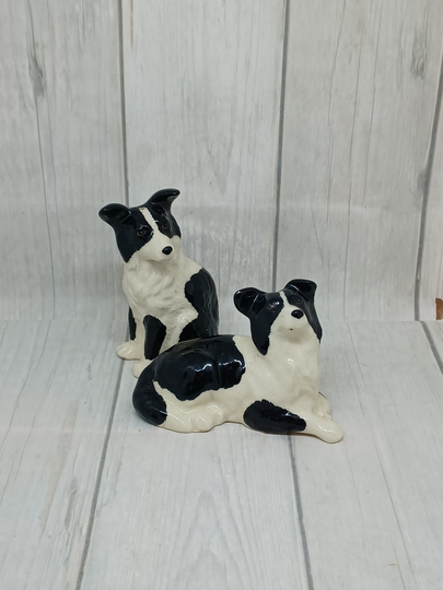Novelty Cruet Set ~ Black & White Border Collies Collie Salt Pepper Pots Vintage Kitchenalia