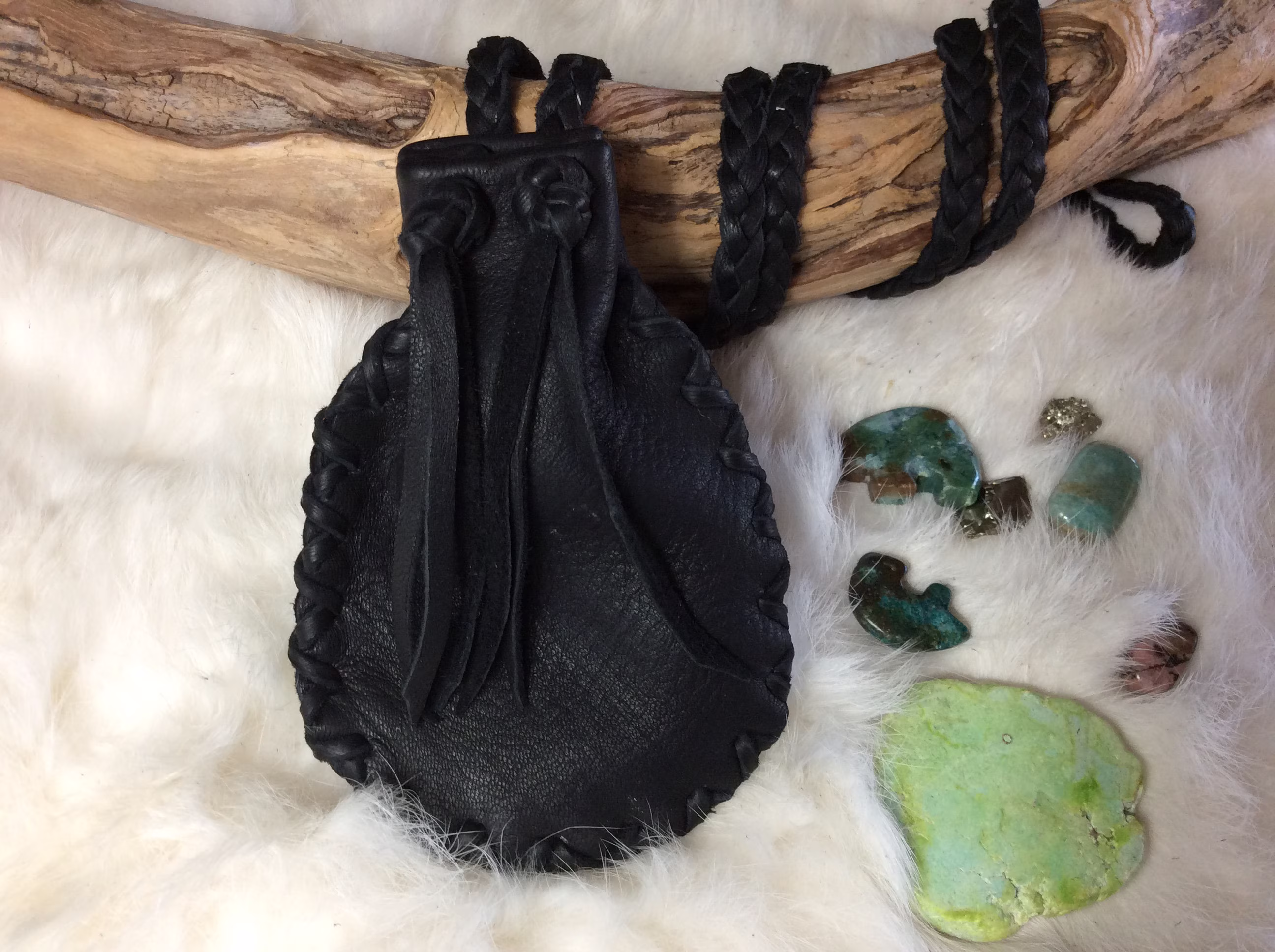 Handmade Black Deerskin Amulet Pouch On Braid Strap, Soft Leather Medicine Pouch, Men's Canadian Made