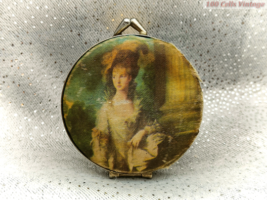 Vintage Ladies Powder Compact With Brush Holder-Textile Print-Victorian Lady