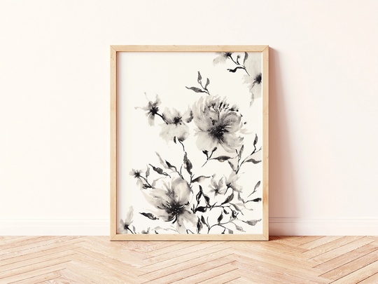 Boho Wall Decor | Watercolor Organic Floral Neutral Black & White Peony Wedding Bouquet Physical Print Bohemian Living Room Cosy Bedroom