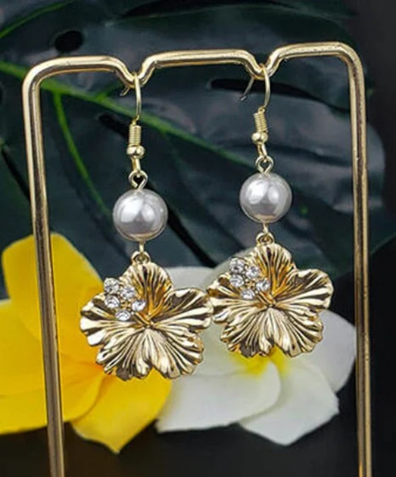 Hibiscus Cz Light Gray Pearl Earrings - Gifts For Her Mom Everyday Jewelry