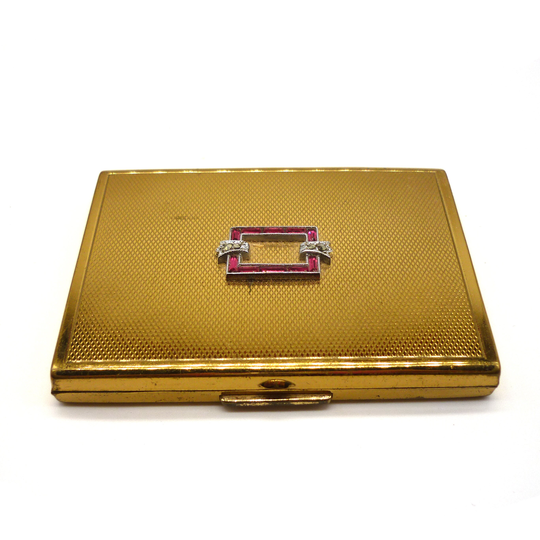 Vintage Goldtone Emich Powder Compact With Red Stone & Marcasite Decoration To Lid