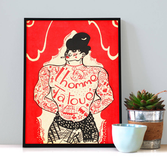 Tattooed Man Print, Red/Pink/Powder Blue