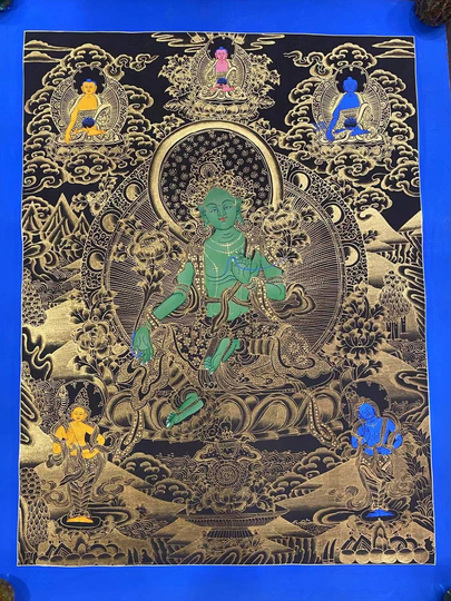 Genuine Handpainted Masterpiece Tibetan Green Tara Buddha Thangka Thanka Fine Gold Painting Buddhism Meditation Yoga Arya