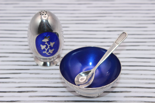 Meka Reklamegaver - Vintage Danish Sterling Silver & Blue Guilloche Shaker, Salt Dish Spoon | Meka, Denmark Free Delivery