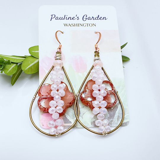 Crystal Hibiscus Czech Glass, Floral, Flower, Hand Forged, Brass Teardrop, Wire Wrapped, Handmade, Boho, Garden, Wedding, Bridal