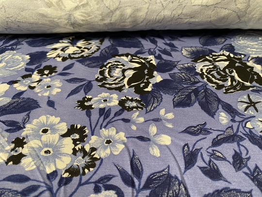 Viscose Elastane Spandex Stretch Jersey Fabric, Per Metre - Powder Blue Rose Print