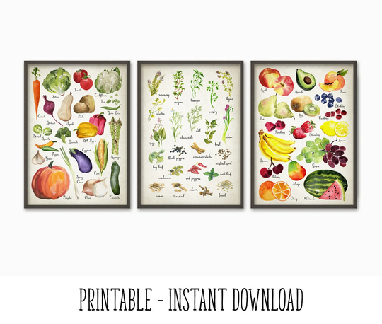 Printable Watercolor Kitchen Wall Art Poster, Rustic Decor, Vegetables Fruit Herbs & Spices Print Decor Instant Download