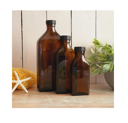 Refillable Brown Glass Bottles Flat Rectangular With Black Poly Cone Lids | 28mm - Bath & Beauty Empty 100Ml, 200Ml Or 500Ml