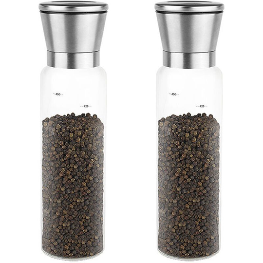 Premium Stainless Steel Salt and Pepper Grinder Set of 2 Borosilicate Glass Jar-Adjustable Clear Pepper 2pcs500ml carbon steel core