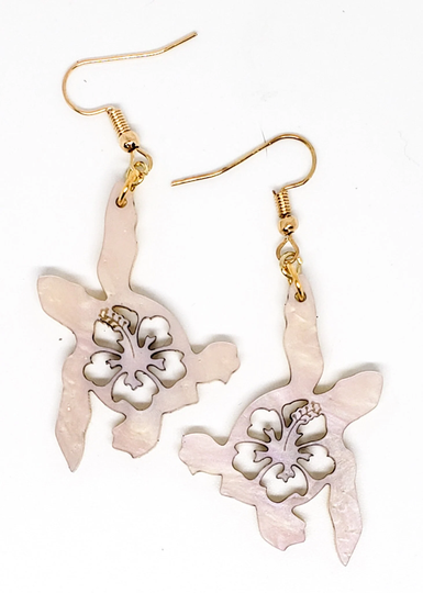 Baby Sea Turtle Earrings - Cream Iridescent Acrylic Hibiscus Cut Out