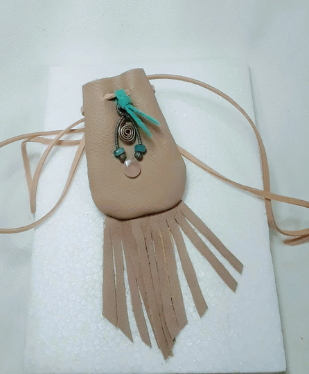Leather Amulet Medicine Pouch Necklace With Bead & Wire Spiral Charm