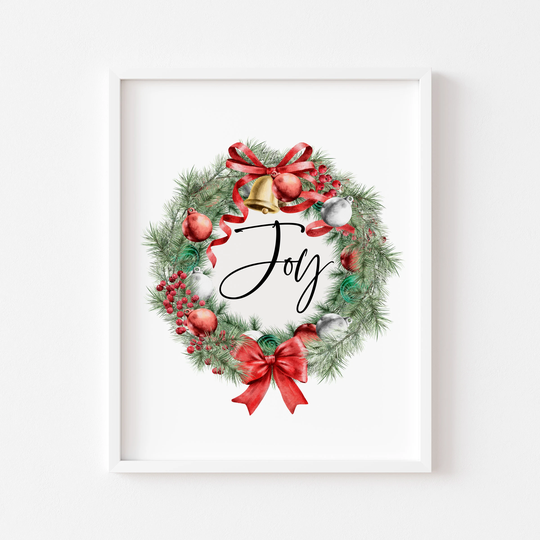 Joy, Christmas Print, Watercolour Xmas Seasonal Wreath Unframed Wall Art Print|Christmas Home Decor|Xmas Art|Poster Prints