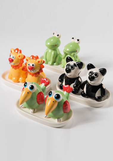 Salt & Papper Shaker Set On Tray, Easy Pour & Refill, Cute Ceramic Animals, Handpainted By Artisans, Kitchen Organiser, Fairtrade Gift