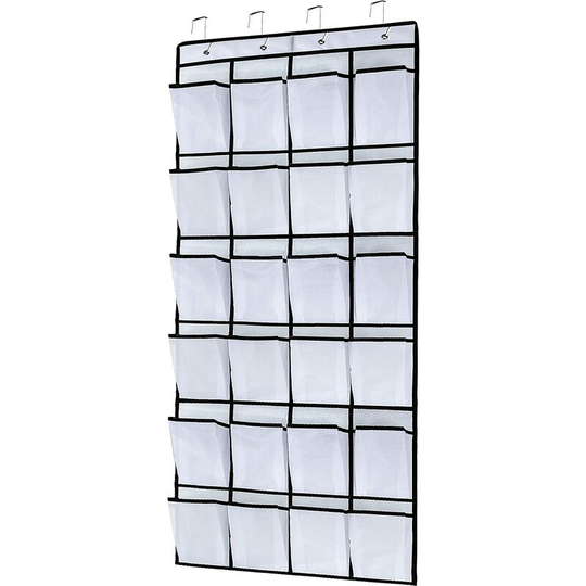 Monly - Over the Door Shoe Organizer with 24 Large Mesh Pockets, Over the Door Shoe Rack and 4 Premium Hooks, Foldable Hanging Shoe Organizer,