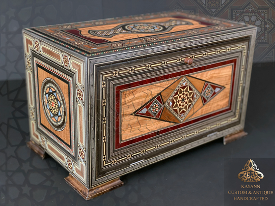 Jewelry Organizer Box With Drawers/Luxury Handmade Decorated - Marquetry, Ornaments Storage Padded in Red Velvet