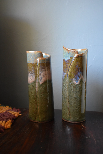 Handmade Ceramic Vase Form/Petite Hand-Built Pottery Green Celadon & Rutile Leaves