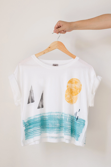 Cropped Illustrated T-Shirt, Organic Cotton Seaside Ethically Made Marine T-Shirt - Summer Crop