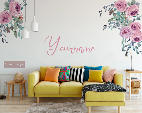 Rose Floral Custom Namer Wall Stickers, Tropical Leaves Decals, Home, Bedroom Decoration, Personalised Name Stickers Decal