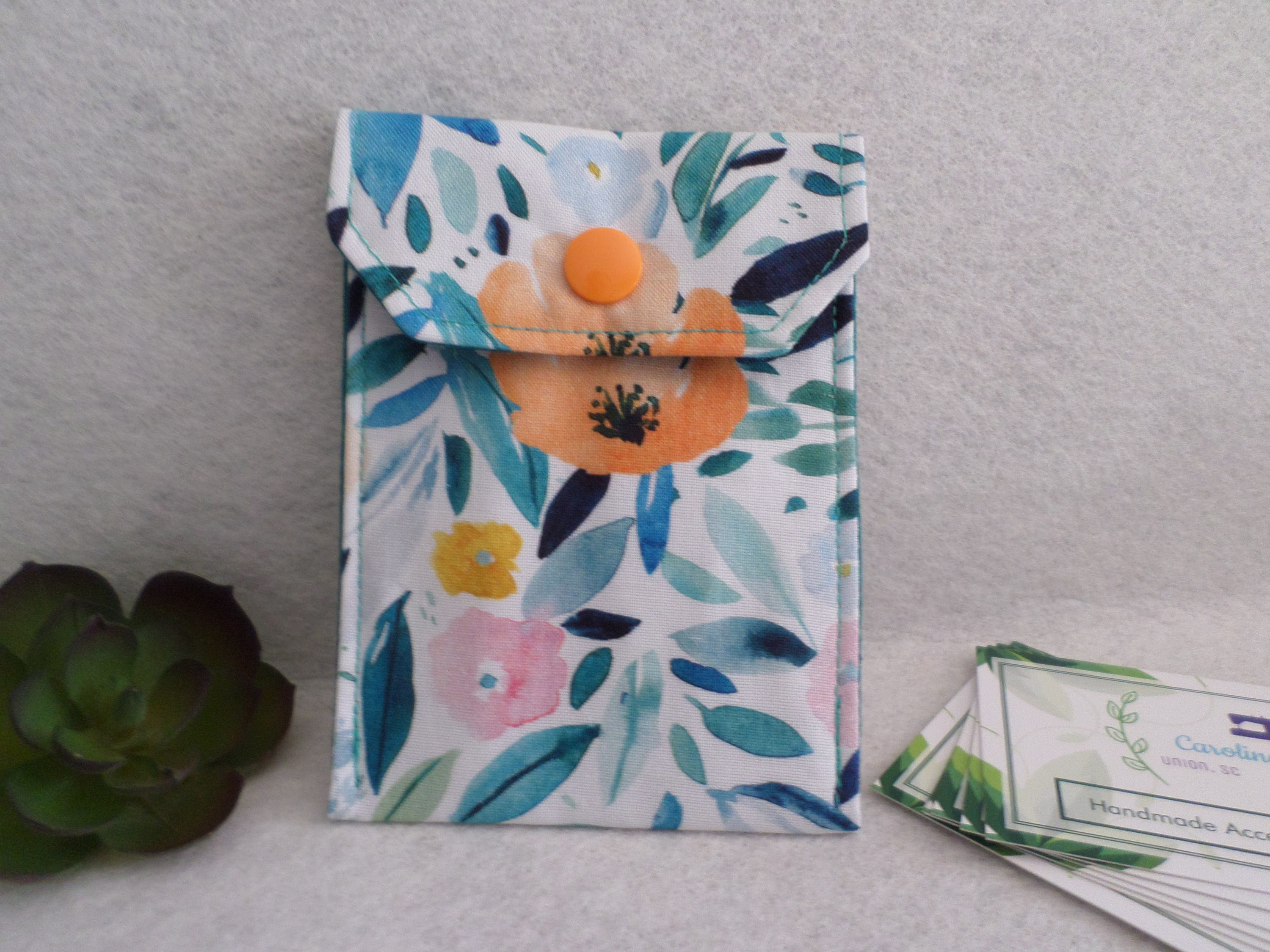 Pink Orange Floral - Multi-Purpose Fabric Mini Pouch Birth Control Case, Business Card Holder Ready To Ship, Free Standard Us Shipping