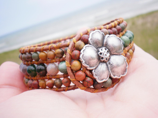 Jasper Leather Wrap Cuff Woven Bracelet Handmade Jewelry