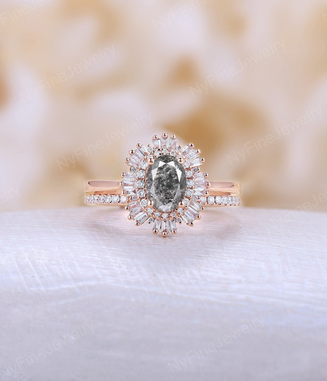Vintage Salt & Pepper Diamond Engagement Ring Set Antique Gatsby Baguette Halo Bridal Unique Half Eternity Band Anniversary