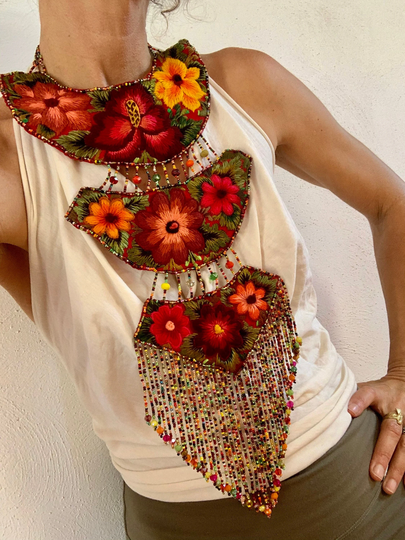 Goddess Floral Embroidered Bright Triple Collar Bib Necklace