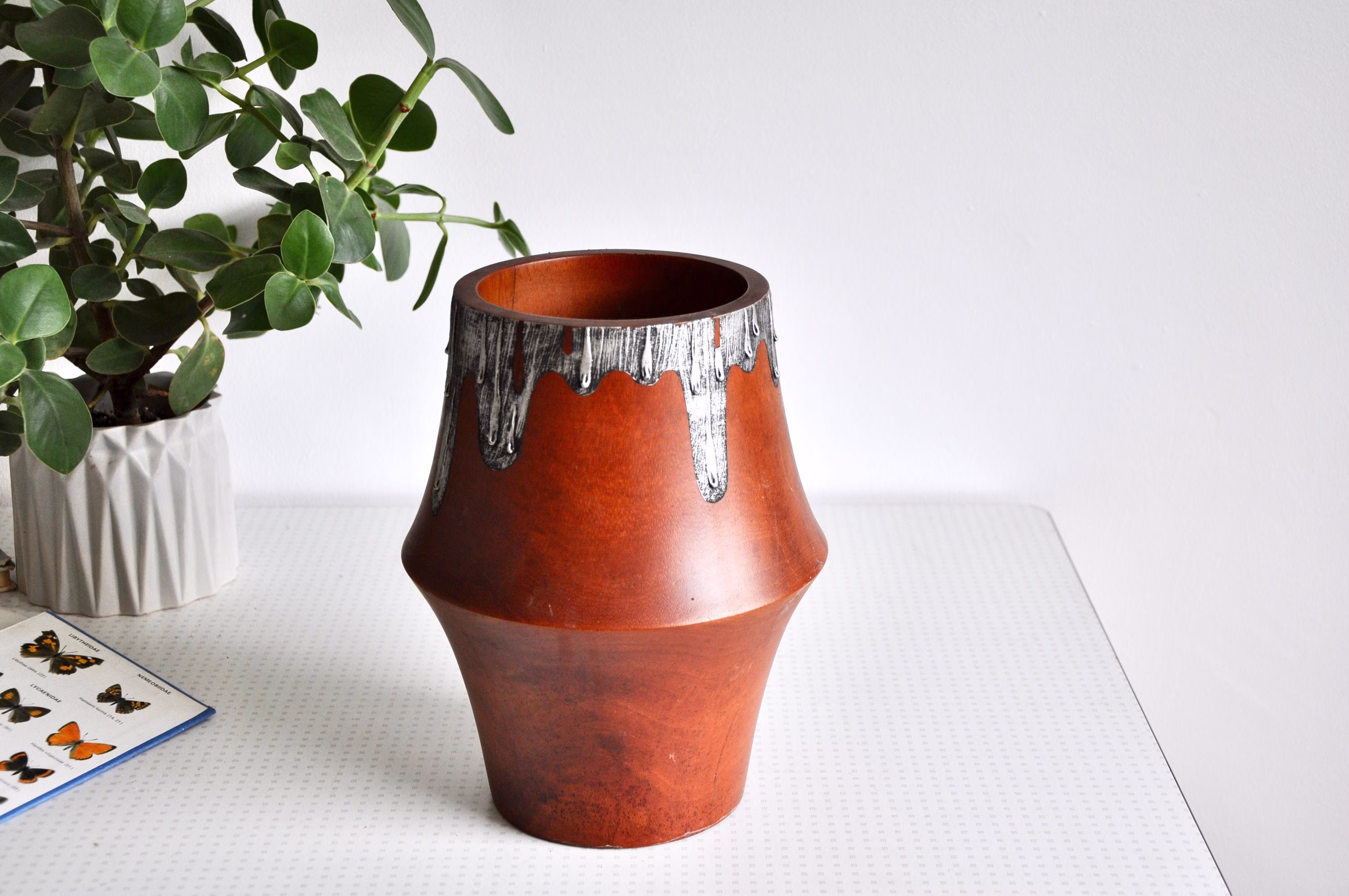 Vintage Large Wooden Plant Pot Or Planter With Silver Drip Style Detail