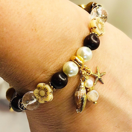 Nautical Charm Bracelet, Beautiful Shell & Starfish Charms, Gemstones Hibiscus Flower Beads, Meaningful Gift