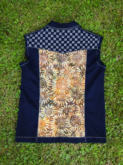 Sunflower Denim Vest - Upcycled Sashiko Hand Stitching By Mountainblaze Size Women's Small