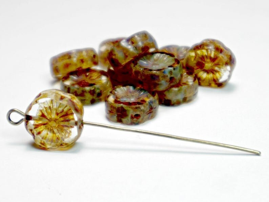 14mm Transparent Brown Picasso Hibiscus Hawaiian Flower Czech Glass Beads | 10Pc, Diy Jewelry Bead Supply