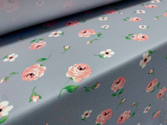 Scuba Crepe Fabric Stretch Spandex Jersey, Per Metre - Rose Flower Print Powder Blue & Pink