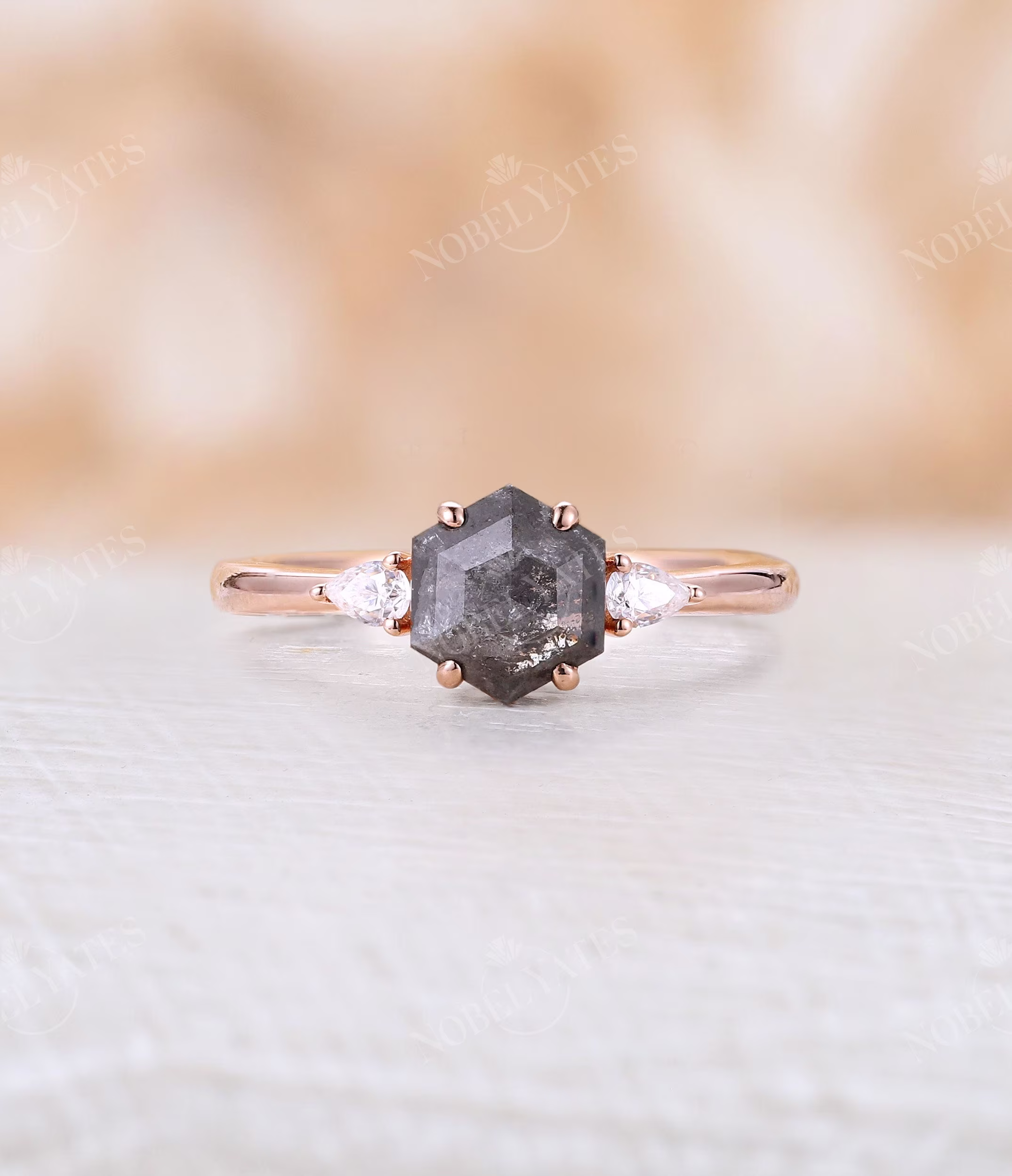 Salt & Pepper Diamond Engagement Ring Prong Rose Gold Vintage Hexagon Shape Three Stone Unique Diamond Anniversary
