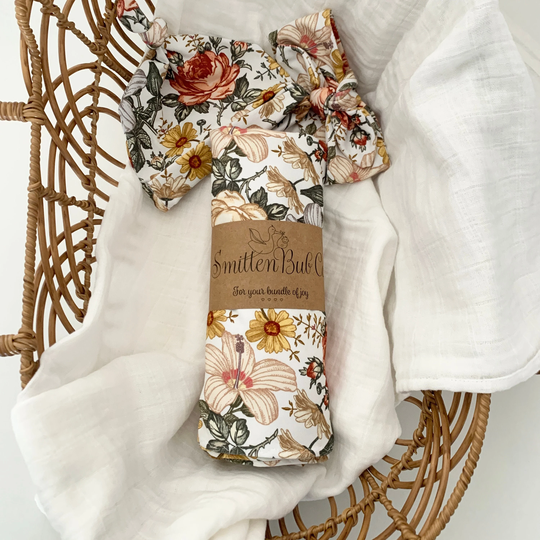 Traditional Florals Swaddle Set - With Topknot Bow & Beanie