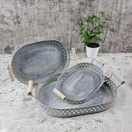 Set Of 3 Galvanised Trays - Oval