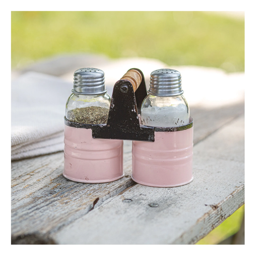 Country Farmhouse Mason Jar Pink Salt & Pepper Galvanized Tin Caddy